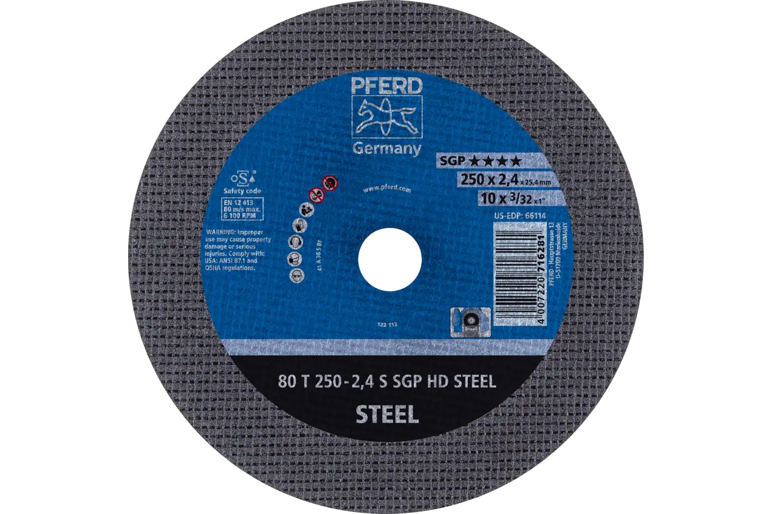 Picture of Pferd Large Diameter Cut-Off Wheel 10" X 3/32 X 1, Sgp Hd Steel, S, Aluminum Oxide